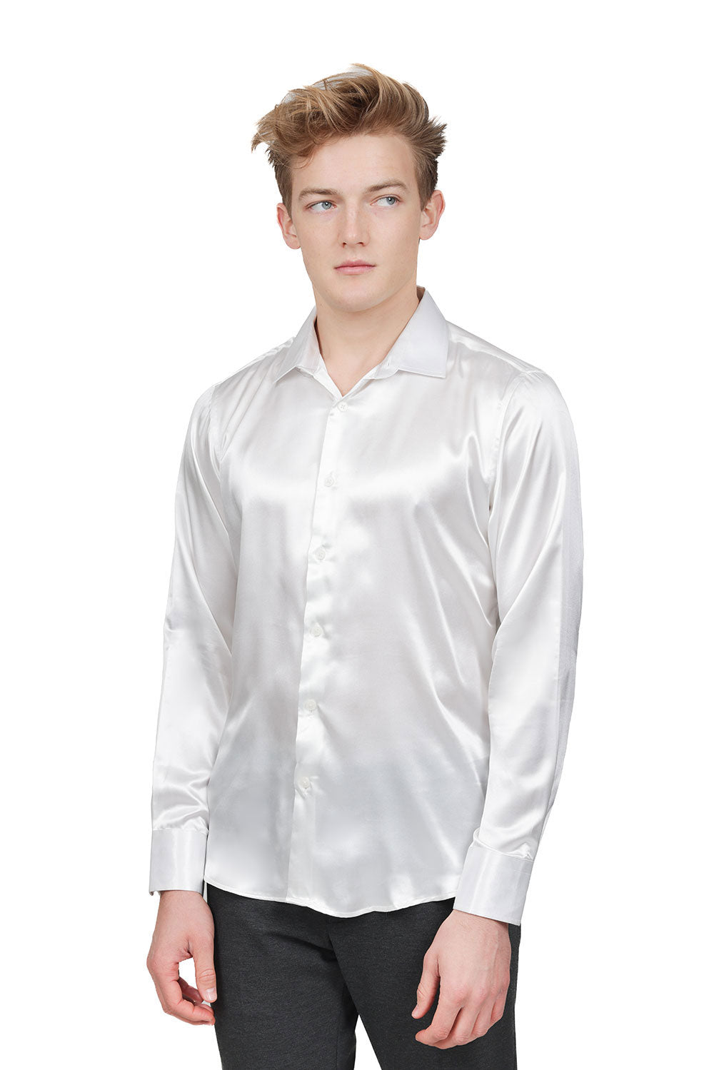 BARABAS Mens Luxury Metallic Long Sleeve Button Down Shiny shirts B312 White