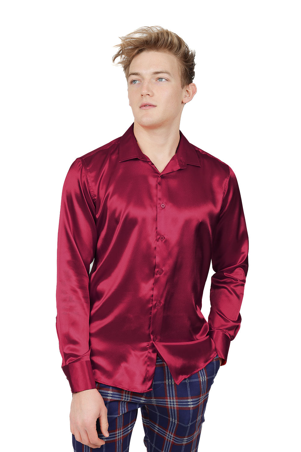 BARABAS Mens Luxury Shiny Long Sleeve Button Down Metallic Shirts B312 Wine