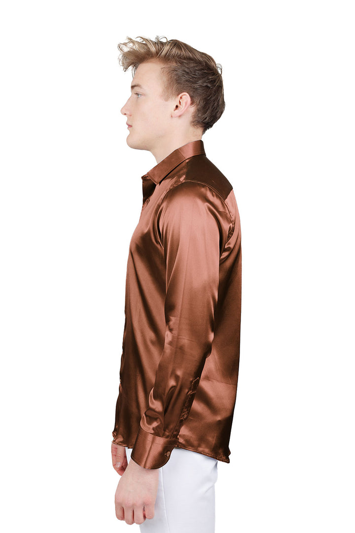 BARABAS Mens Luxury Metallic Long Sleeve Button Down Shiny shirts B312 Brown