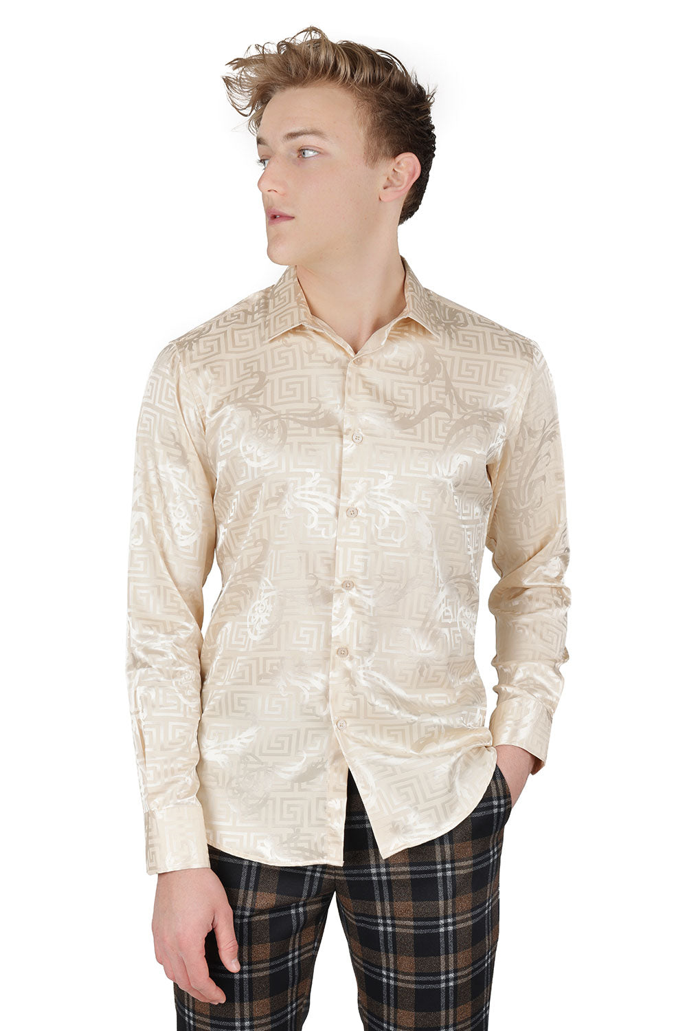 BARABAS Men's Greek Key Baroque Long Sleeve Button Down Shirt B313 Cream