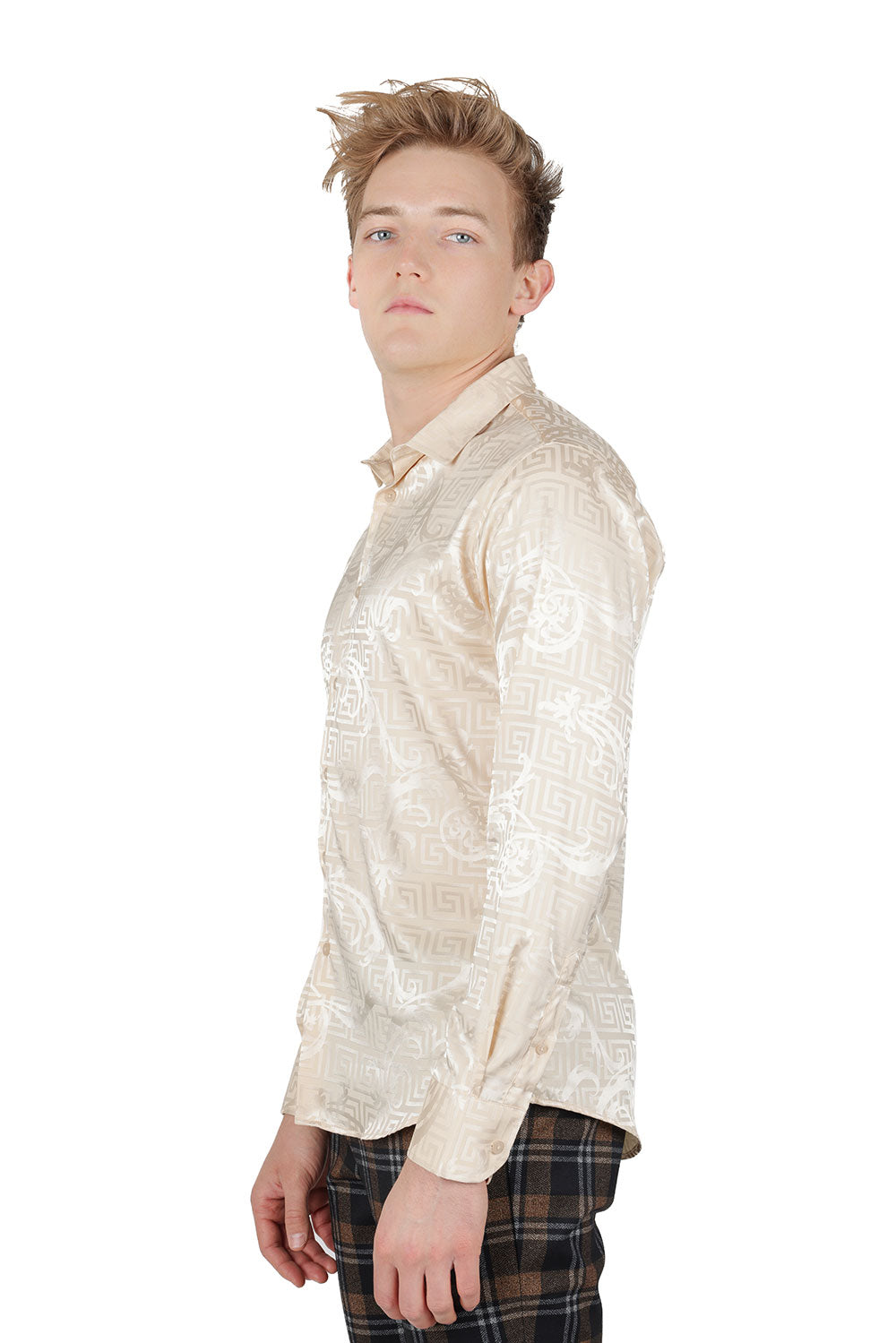 BARABAS Men's Greek Key Baroque Long Sleeve Button Down Shirt B313 Cream