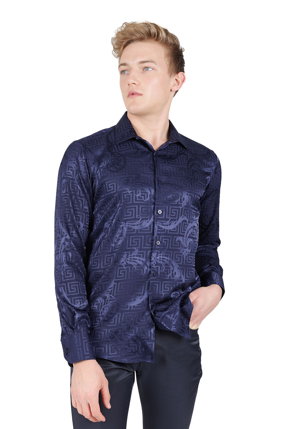 BARABAS Men's Greek Key Baroque Long Sleeve Button Down Shirt B313 Navy