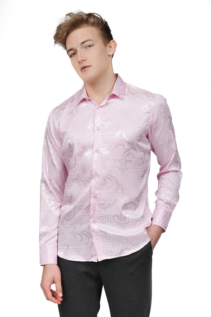 BARABAS Men's Greek Key Baroque Long Sleeve Button Down Shirt B313 Pink