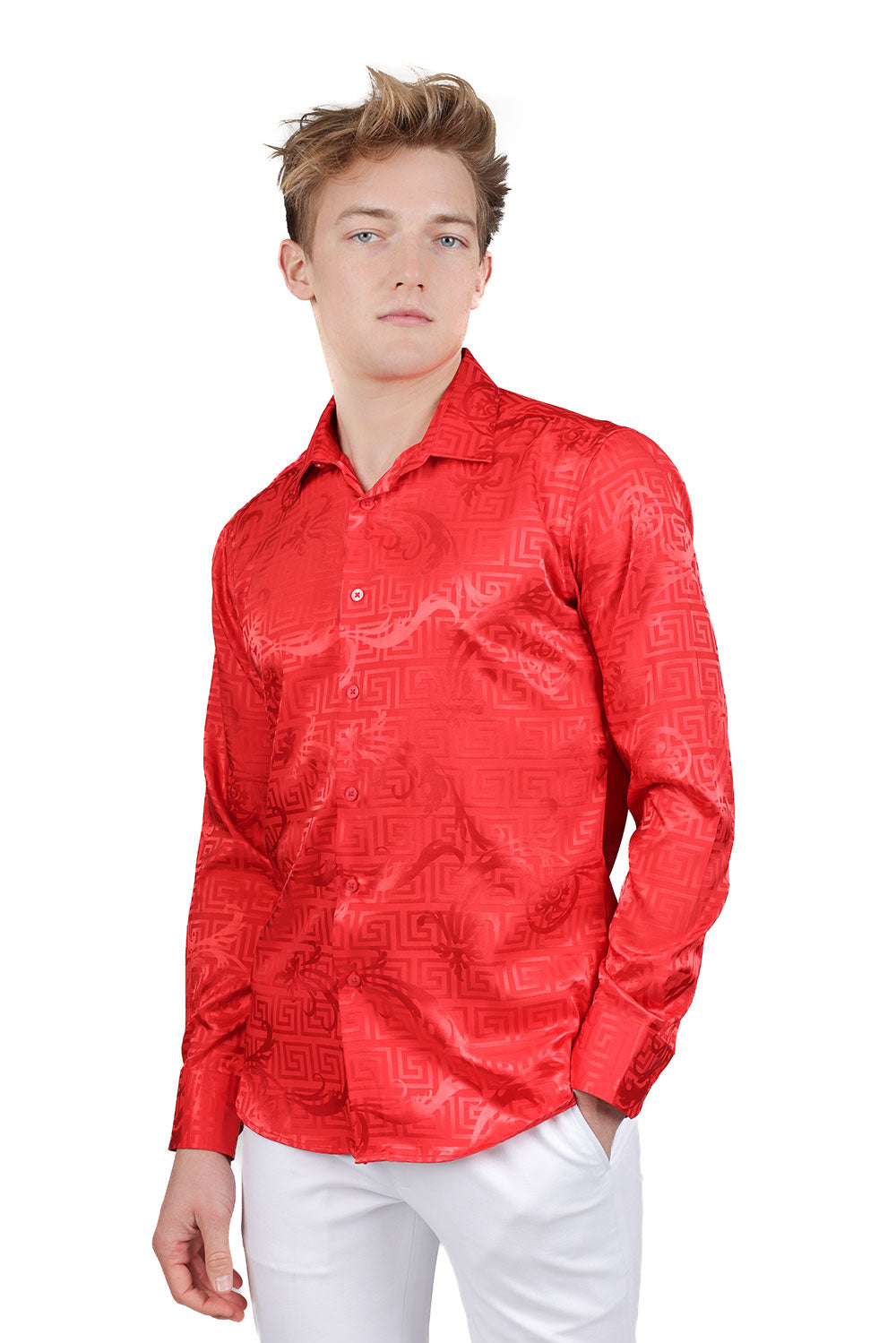 BARABAS Men's Greek Key Baroque Long Sleeve Button Down Shirt B313 Red