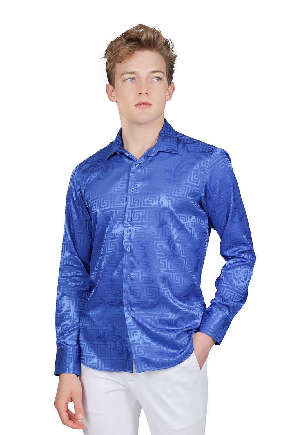 BARABAS Men's Greek Key Baroque Long Sleeve Button Down Shirt B313 Royal