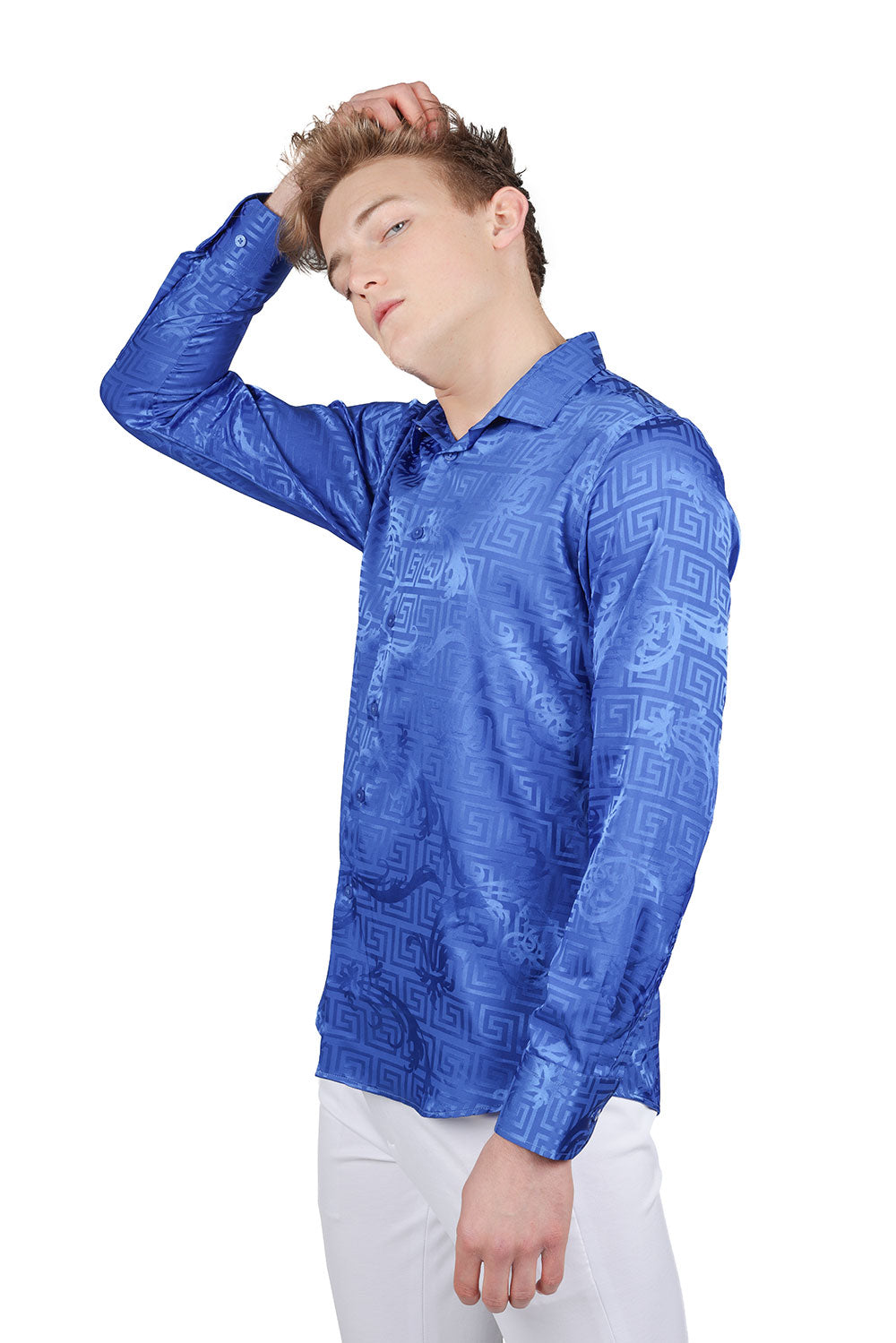 BARABAS Men's Greek Key Baroque Long Sleeve Button Down Shirt B313 Royal