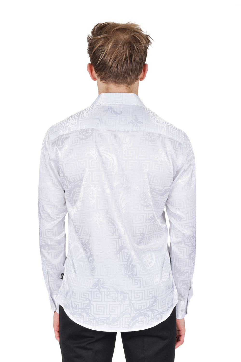 BARABAS Men's Greek Key Baroque Long Sleeve Button Down Shirt B313 White