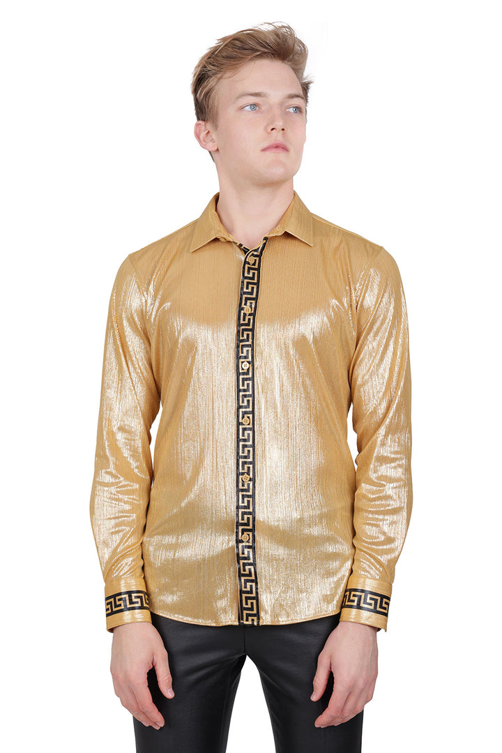 BARABAS Men's Greek Key Print Long Sleeve Button Up Shiny shirts B314 Gold Black