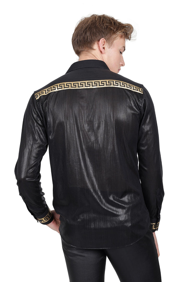 BARABAS Men's Greek Key Print Long Sleeve Button Up Shiny shirts B314 Black Gold