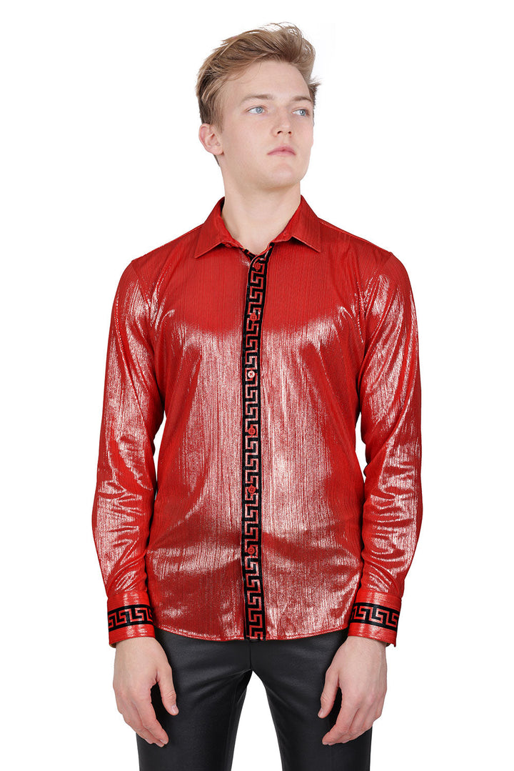 BARABAS Men's Greek Key Print Long Sleeve Button Up Shiny shirts B314 Red Black