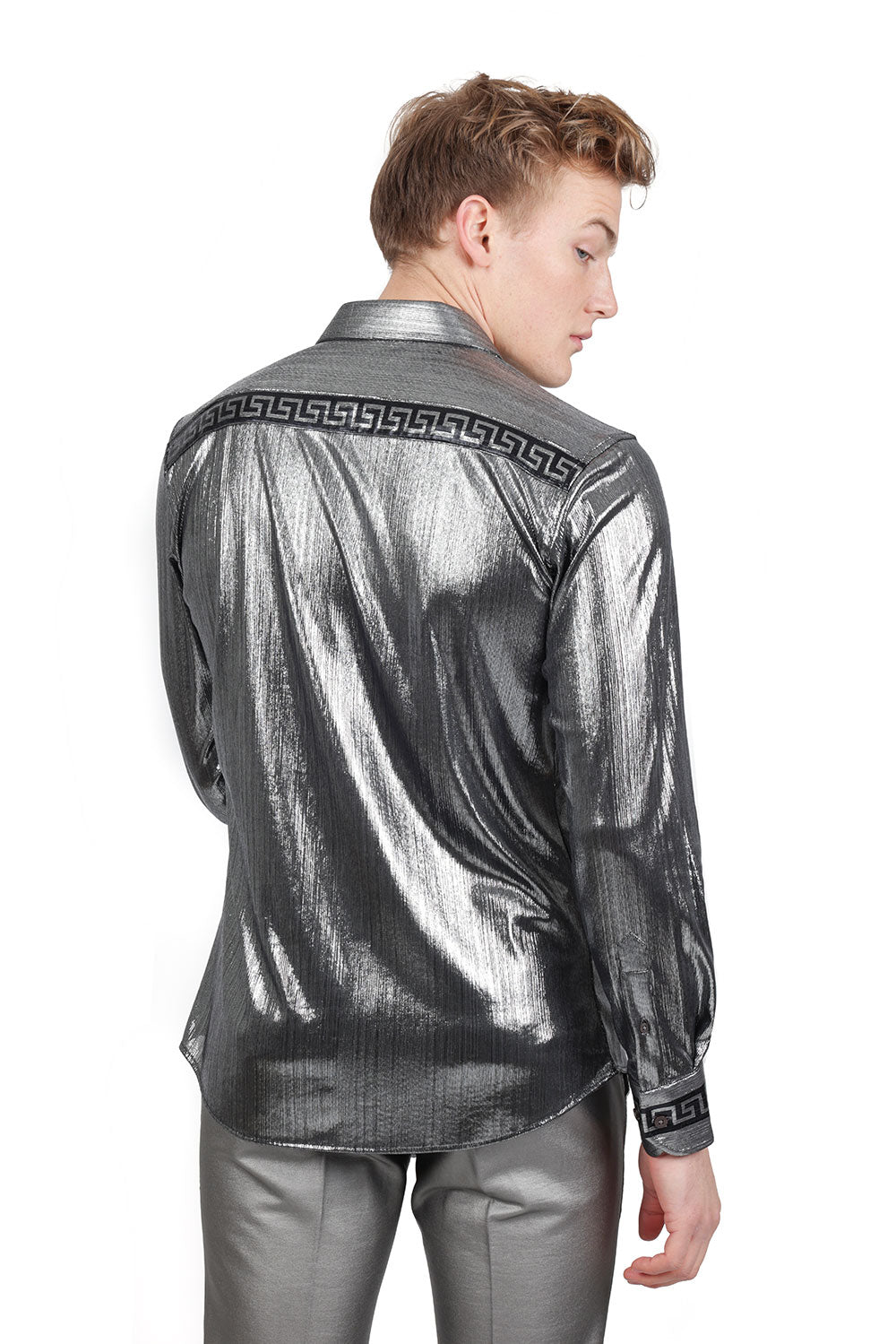 BARABAS Men's Greek Key Print Long Sleeve Button Up Shiny shirts B314 Silver Black 