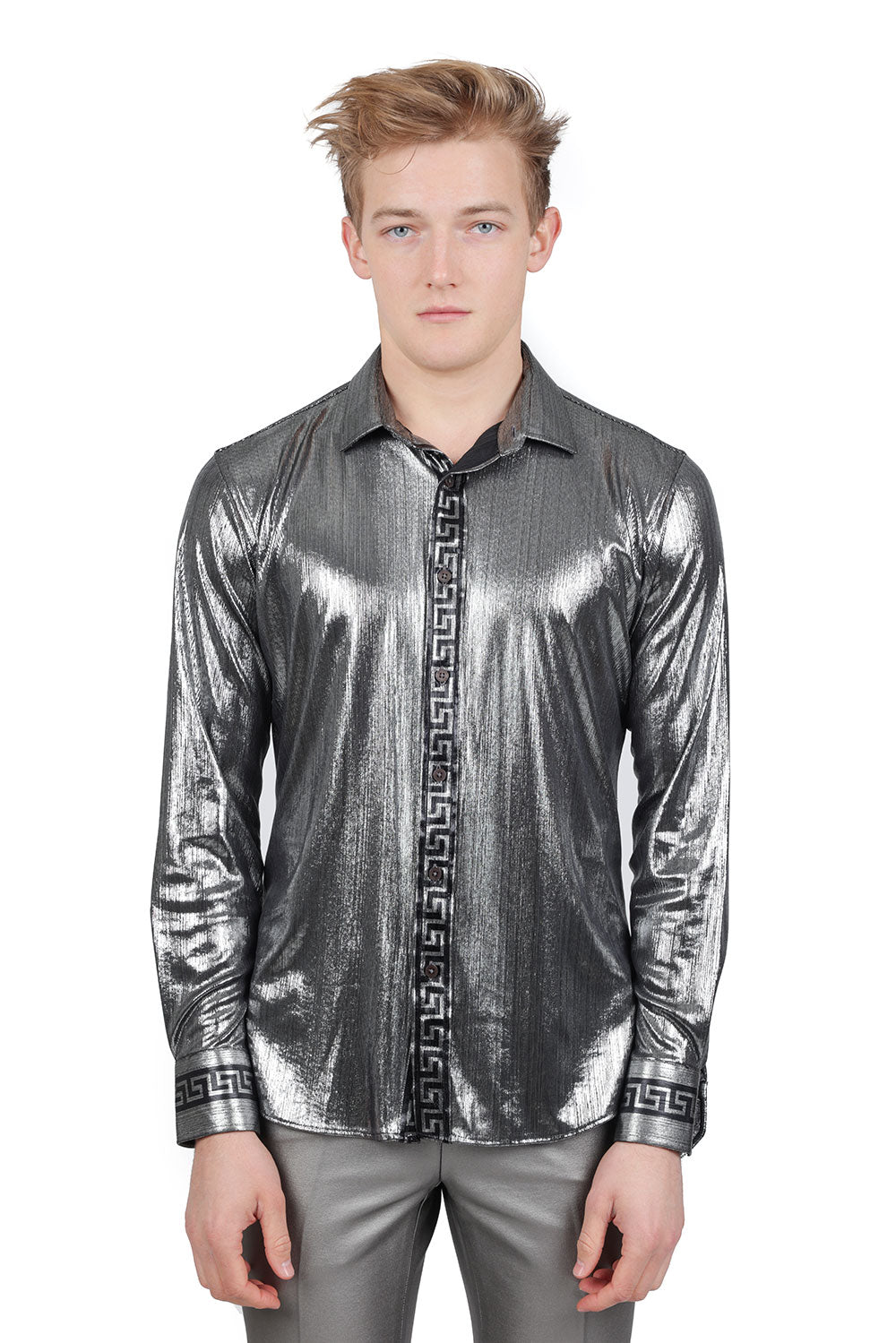 BARABAS Men's Greek Key Print Long Sleeve Button Up Shiny shirts B314 Silver Black