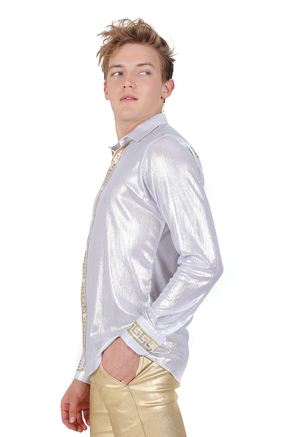 BARABAS Men's Greek Key Print Long Sleeve Button Up Shiny shirts B314 White Gold