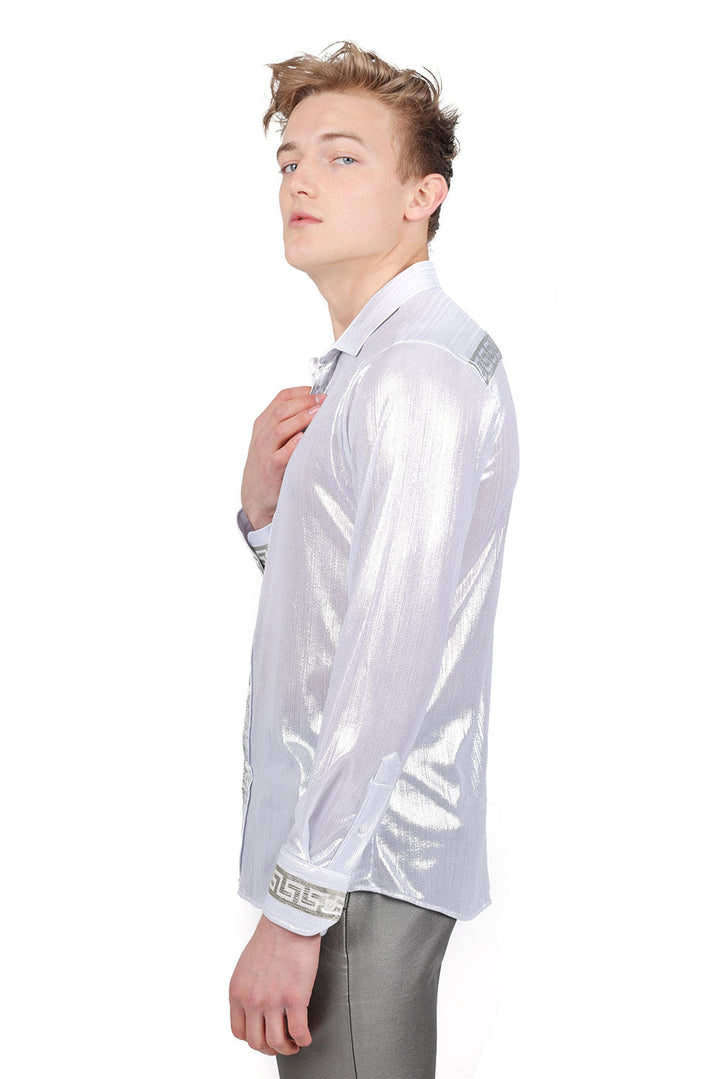 BARABAS Men's Greek Key Print Long Sleeve Button Up Shiny shirts B314 White Silver
