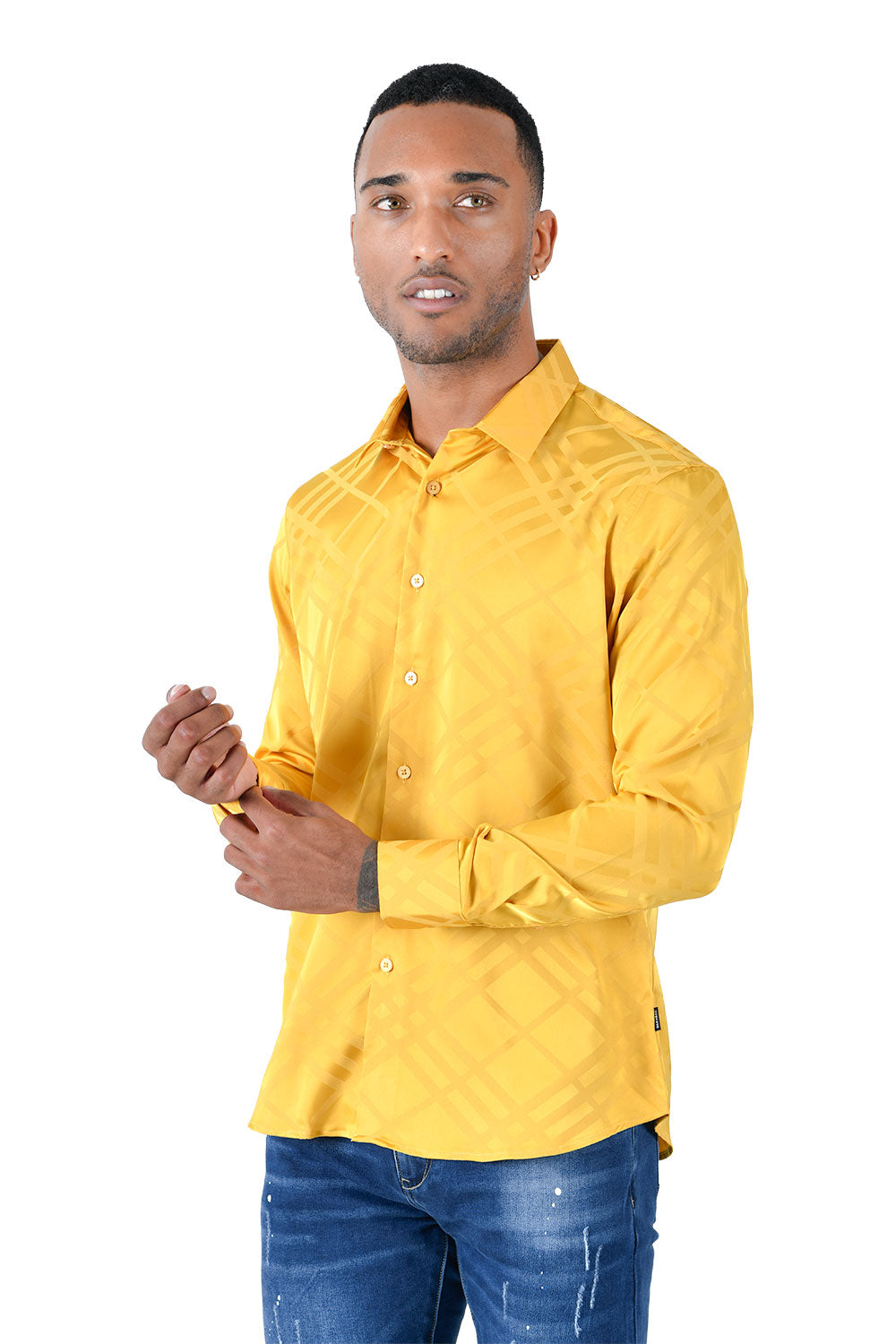 Barabas Men's Textured Diamond Geometric button down dress shirts B319 Yellow