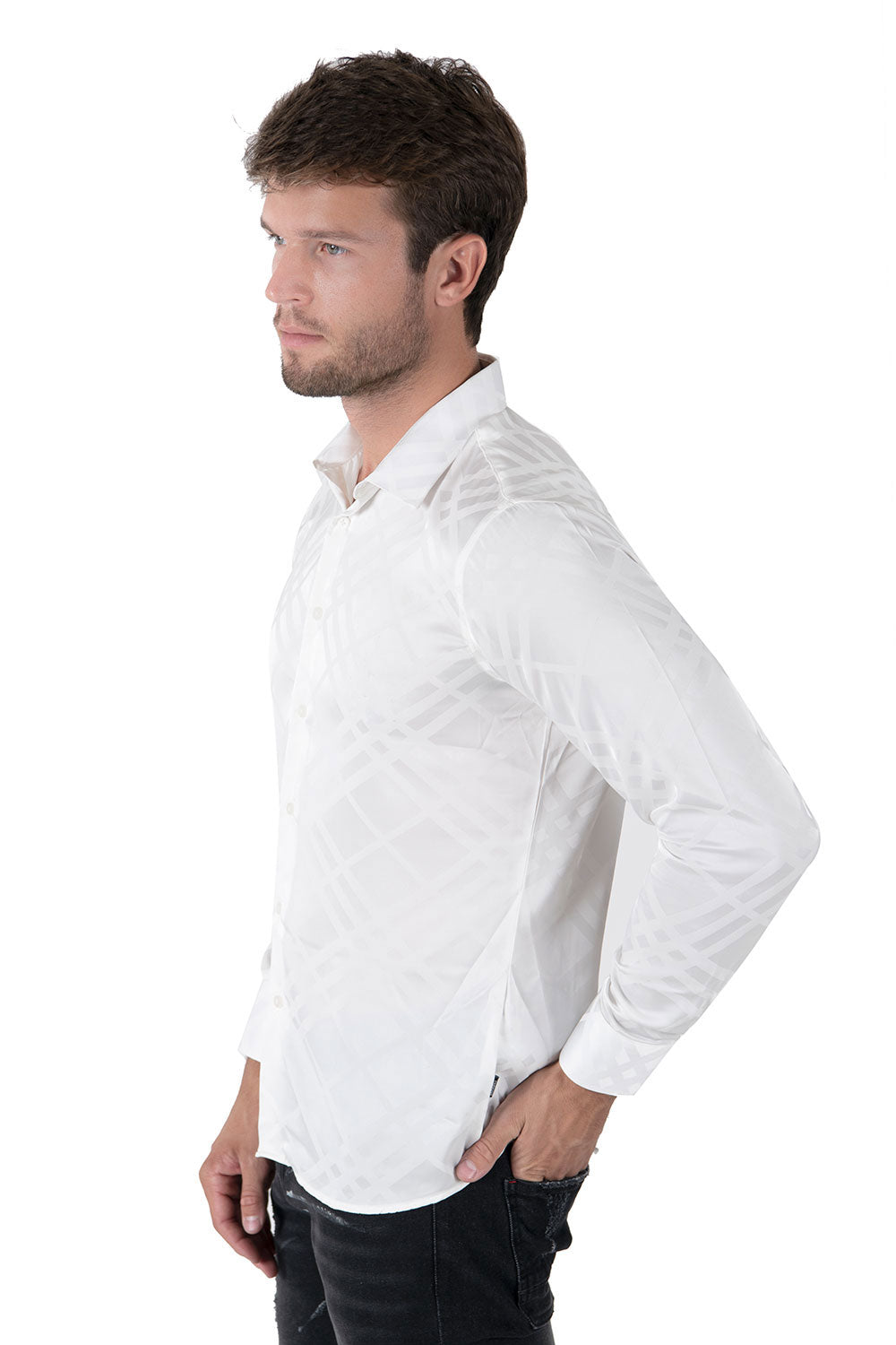 Barabas Men's Textured Diamond Geometric button down dress shirts B319 White