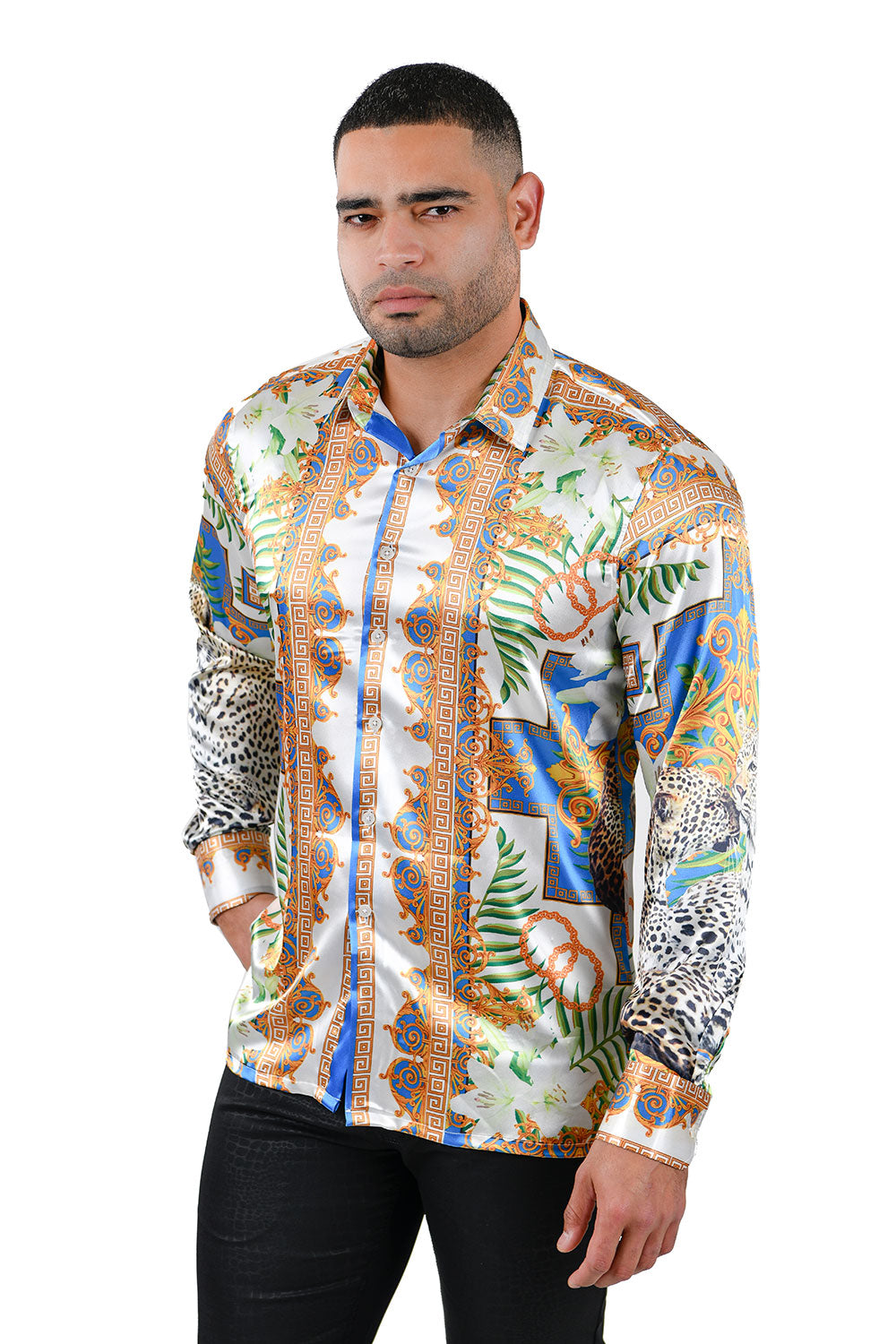 BARABAS Men's Printed Greek And Animal Print Floral Shirts B331