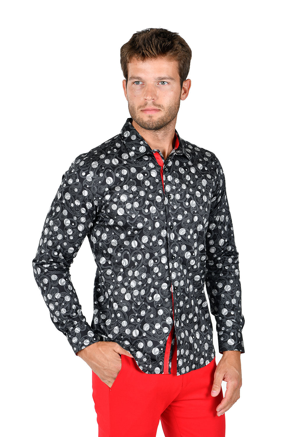 BARABAS men's floral paisley polka dotted printed shirts B339 Black and White