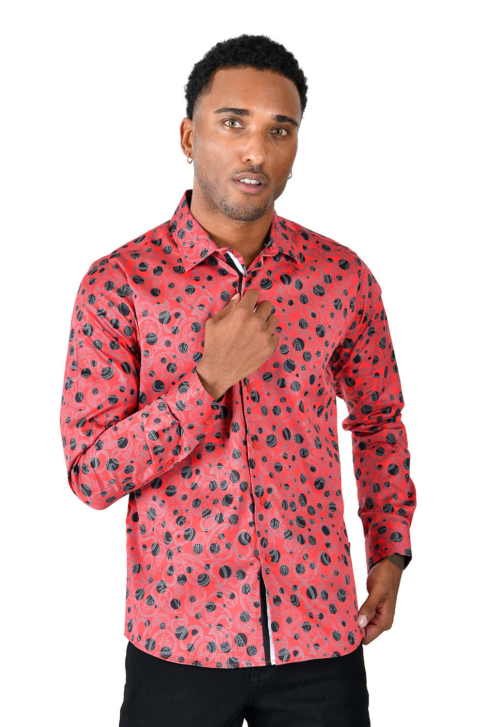 BARABAS men's floral paisley polka dotted printed shirts B339 Red black
