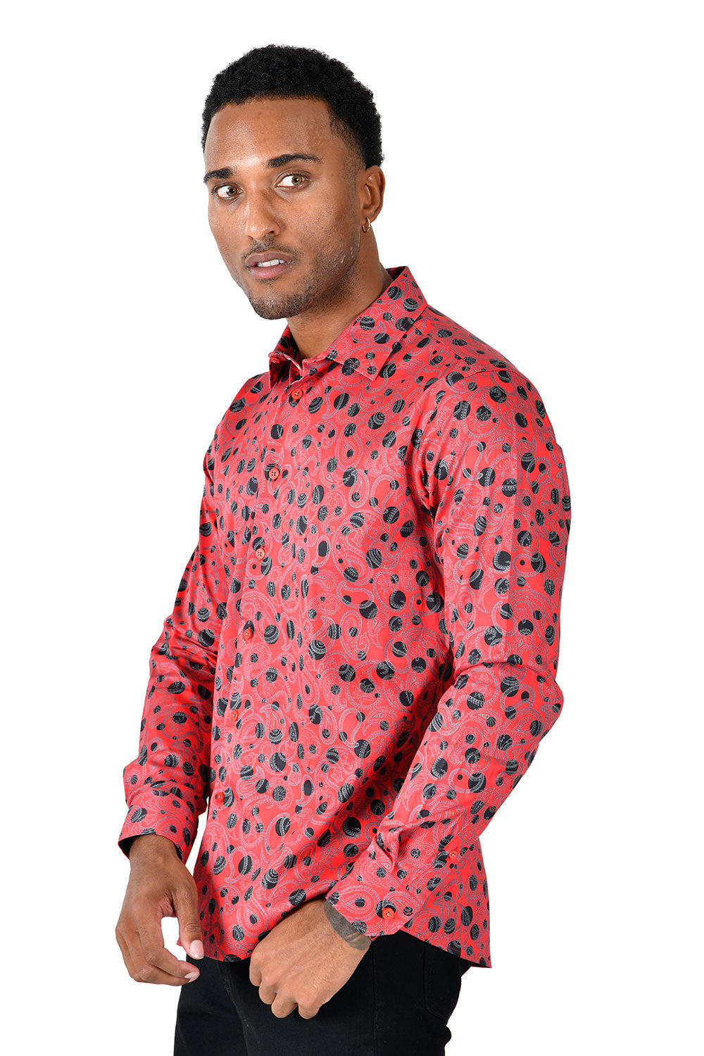 BARABAS men's floral paisley polka dotted printed shirts B339 Red black