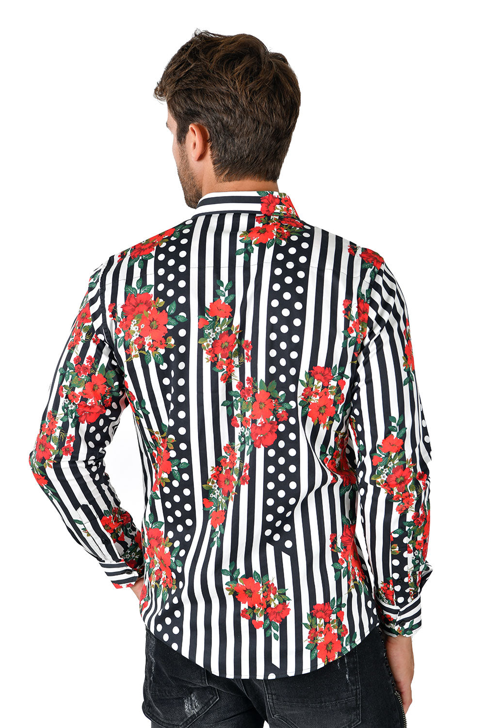 BARABAS Men's Floral Polka Dotted Pattern Button Down Shirts B351 Black