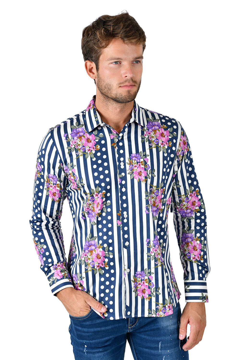 BARABAS Men's Floral Polka Dotted Pattern Button Down Shirts B351 Navy