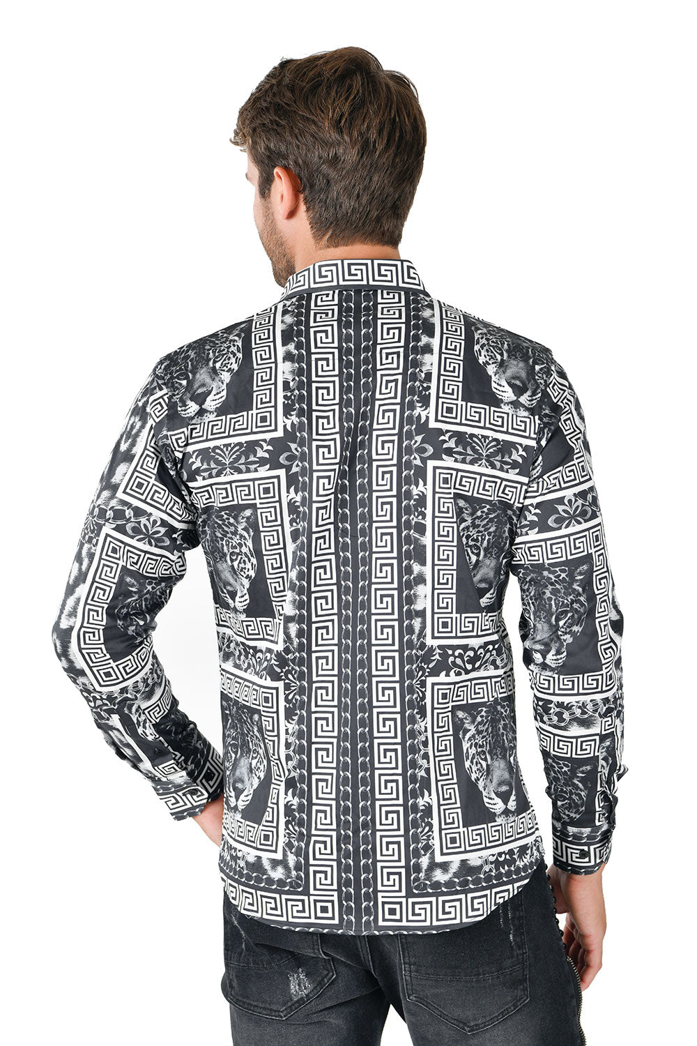 BARABAS Men's Wild Greek Pattern Button Down Long Sleeve Shirts B352 Black