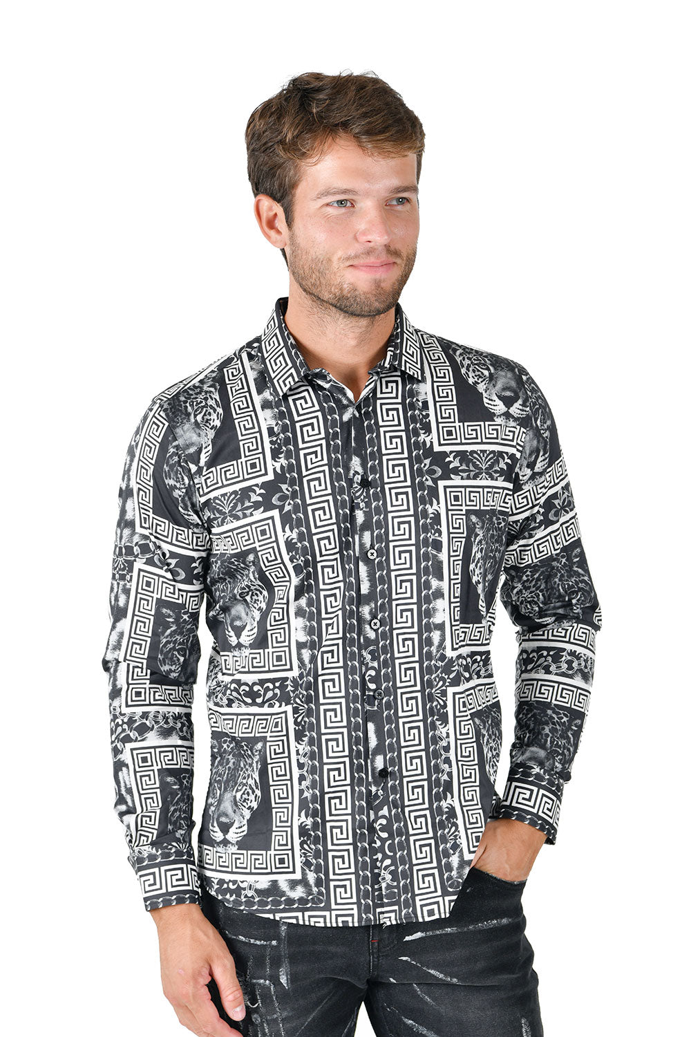 BARABAS Men's Wild Greek Pattern Button Down Long Sleeve Shirts B352 Black