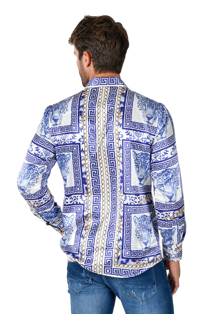 BARABAS Men's Wild Greek Pattern Button Down Long Sleeve Shirts B352 Royal