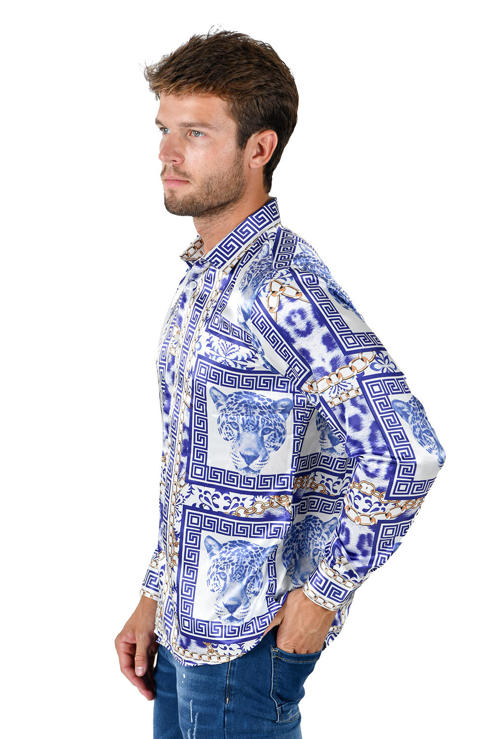 BARABAS Men's Wild Greek Pattern Button Down Long Sleeve Shirts B352 Royal