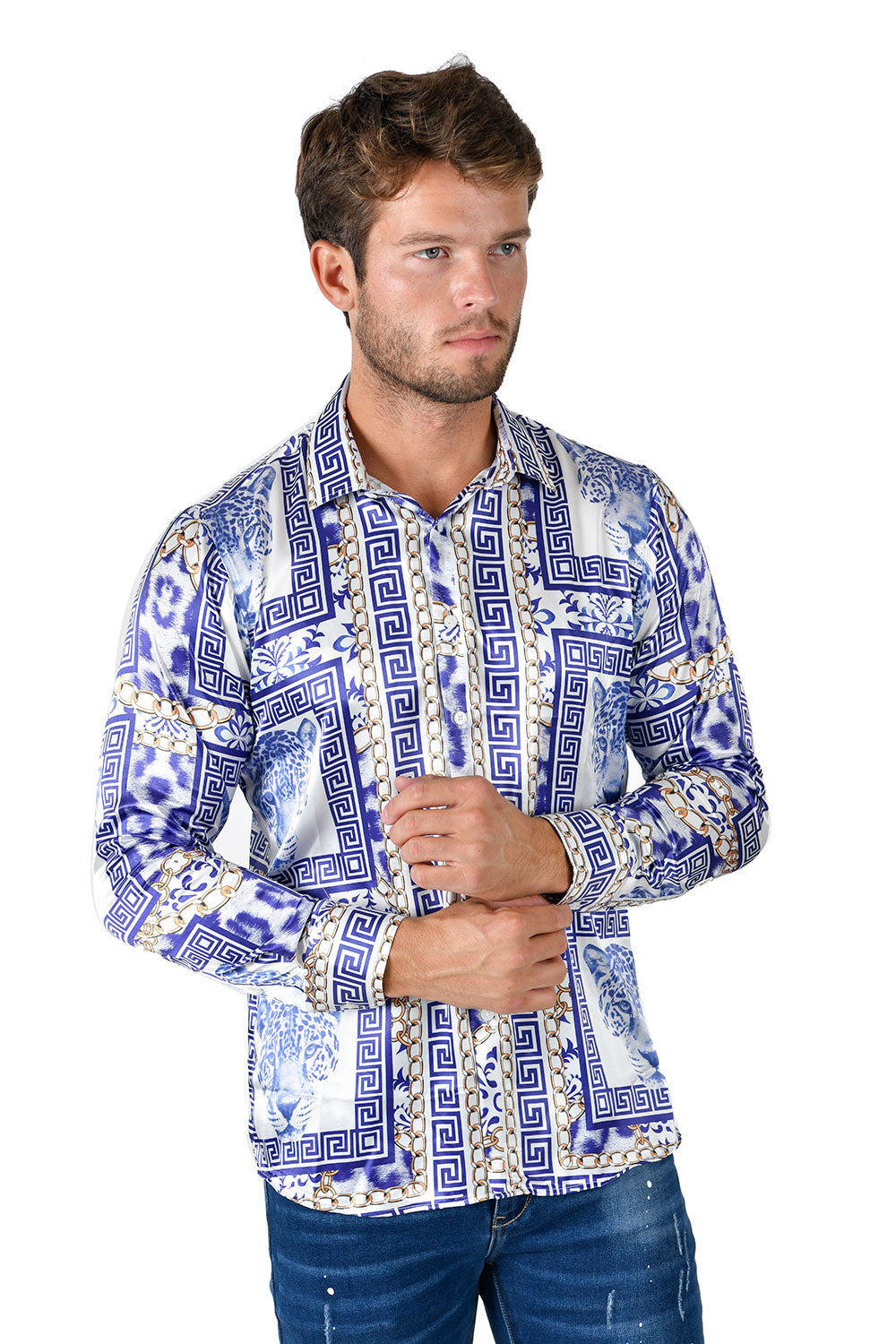 BARABAS Men's Wild Greek Pattern Button Down Long Sleeve Shirts B352 Royal