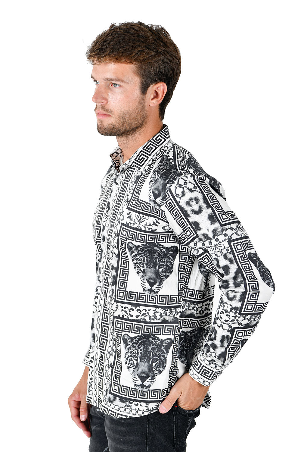 BARABAS Men's Wild Greek Pattern Button Down Long Sleeve Shirts B352 White