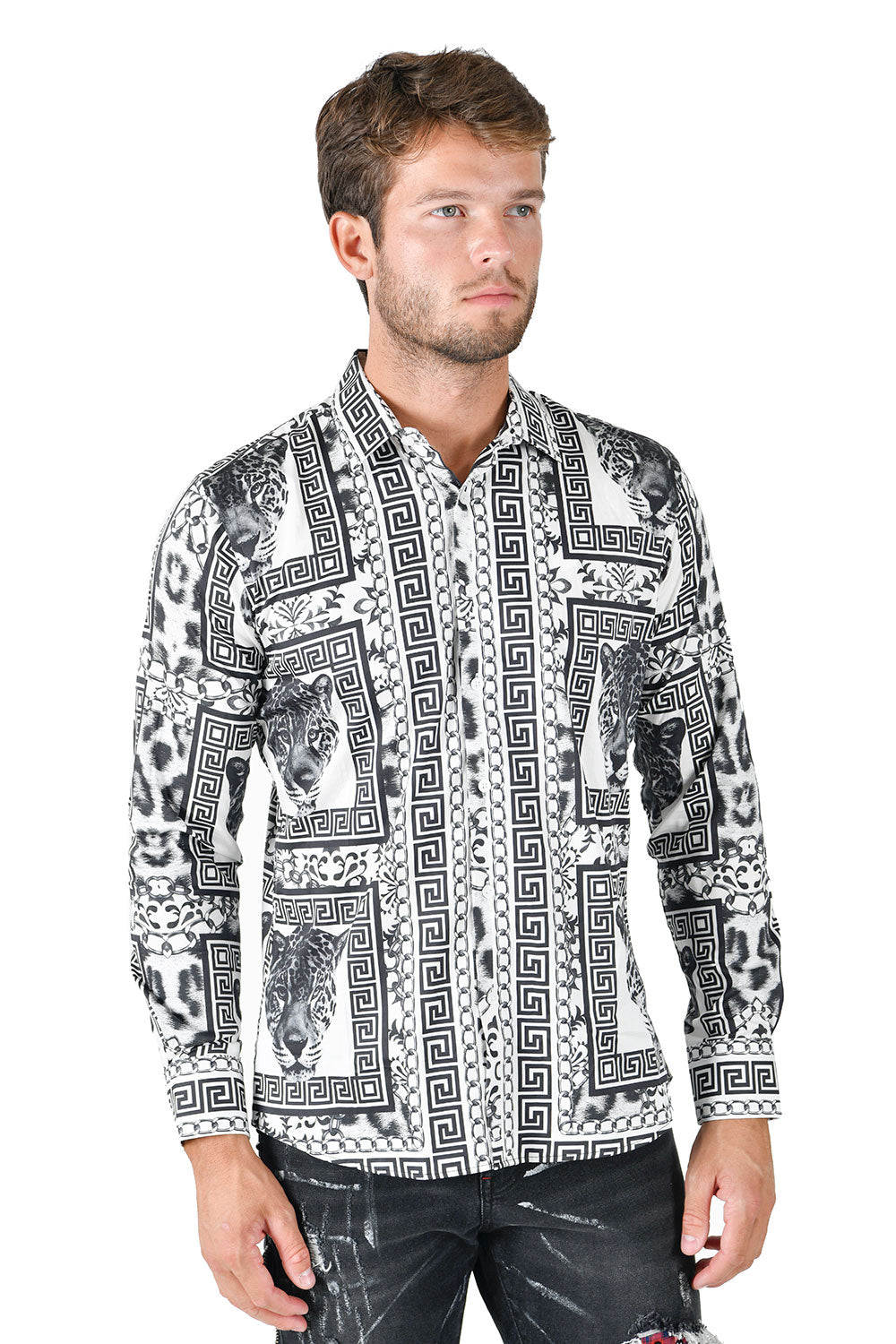 BARABAS Men's Wild Greek Pattern Button Down Long Sleeve Shirts B352 White