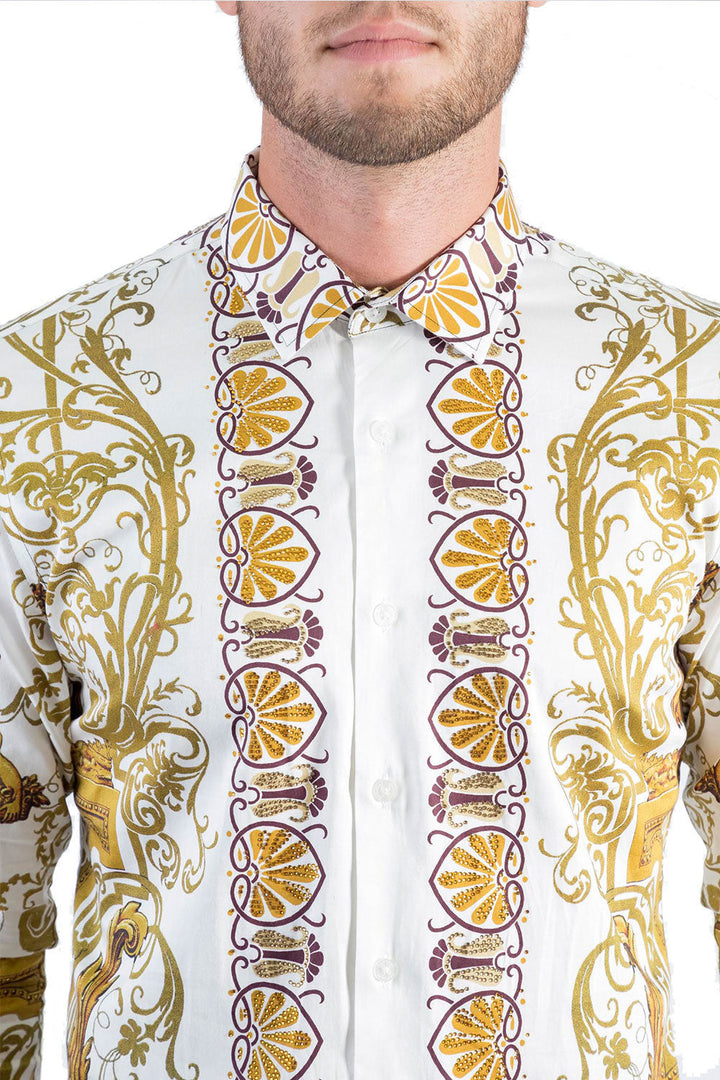 BARABAS Men's Orientalism Pattern Printed White  Button Down Shirts B965