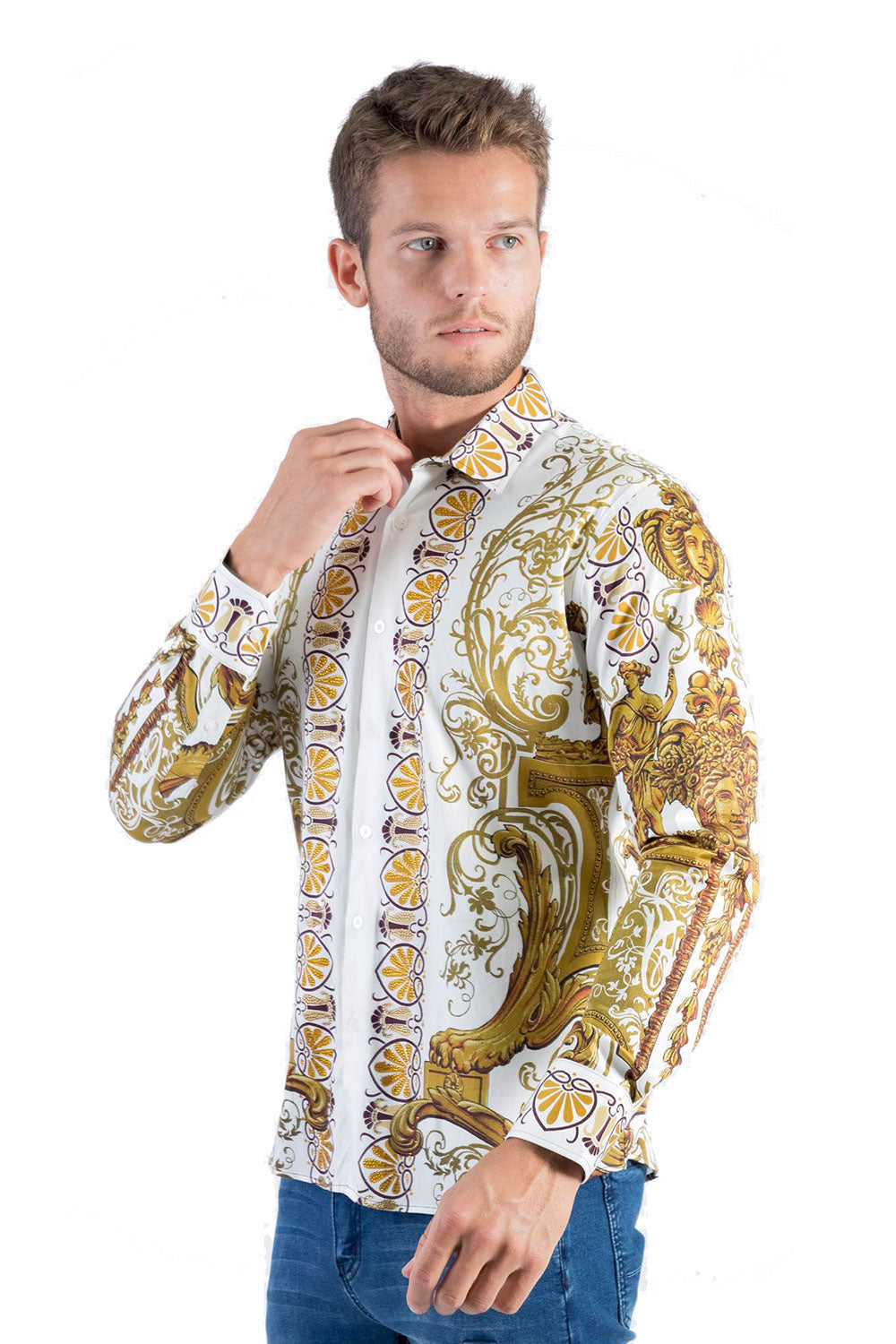BARABAS Men's Orientalism Pattern Printed White  Button Down Shirts B965