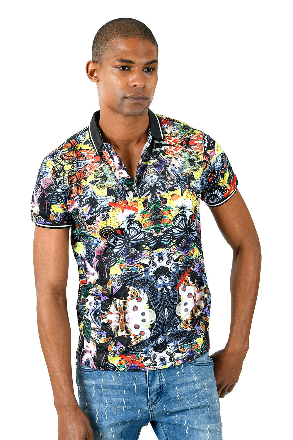 Barabas men's Floral Butterfly Prints Graphic Tee Polo Shirts BD35