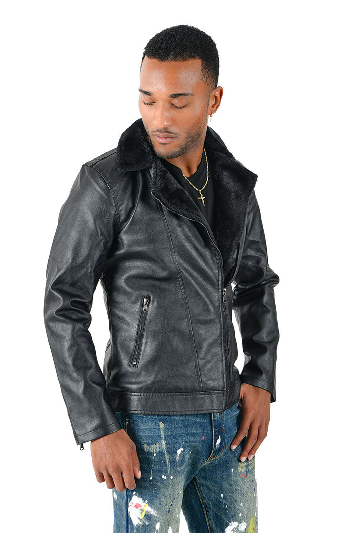 BARABAS Men's Faux Leather Fur Collar Bomber Jacket Bh68 Black