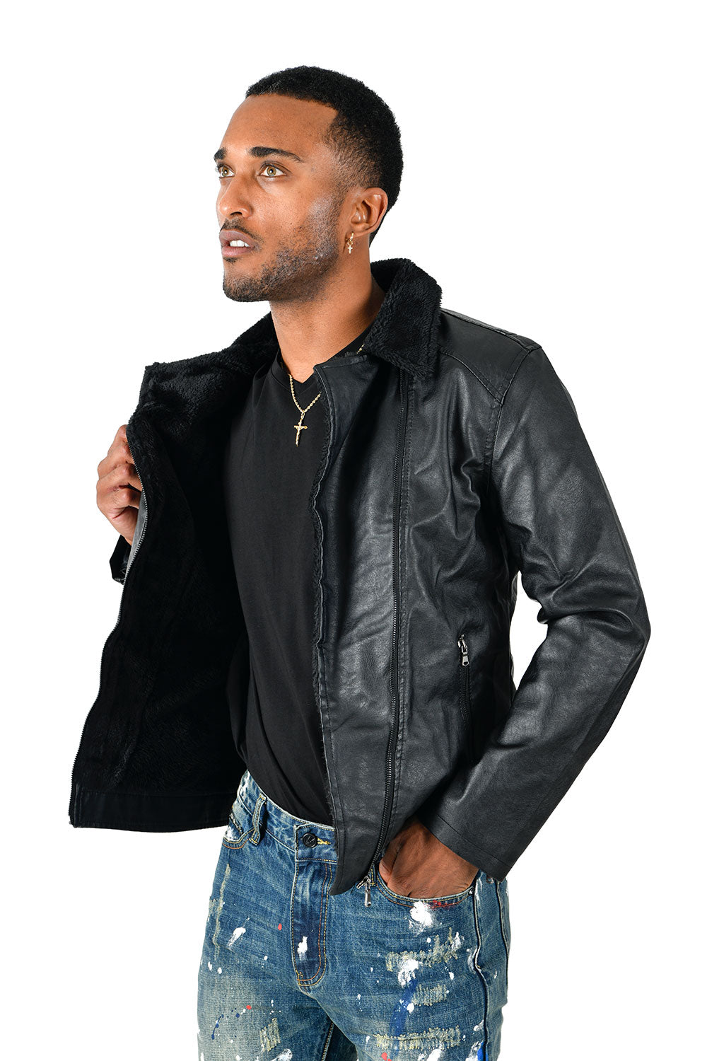 BARABAS Men's Faux Leather Fur Collar Bomber Jacket Bh68 Black