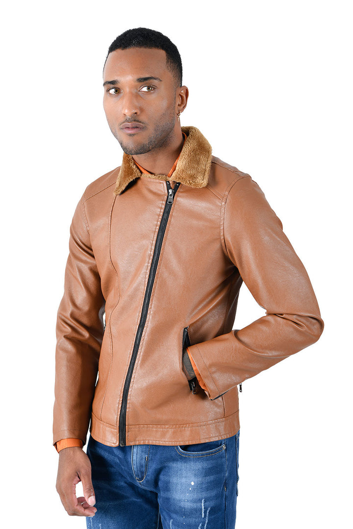 BARABAS Men's Faux Leather Fur Collar Bomber Jacket Bh68 Brown Camel