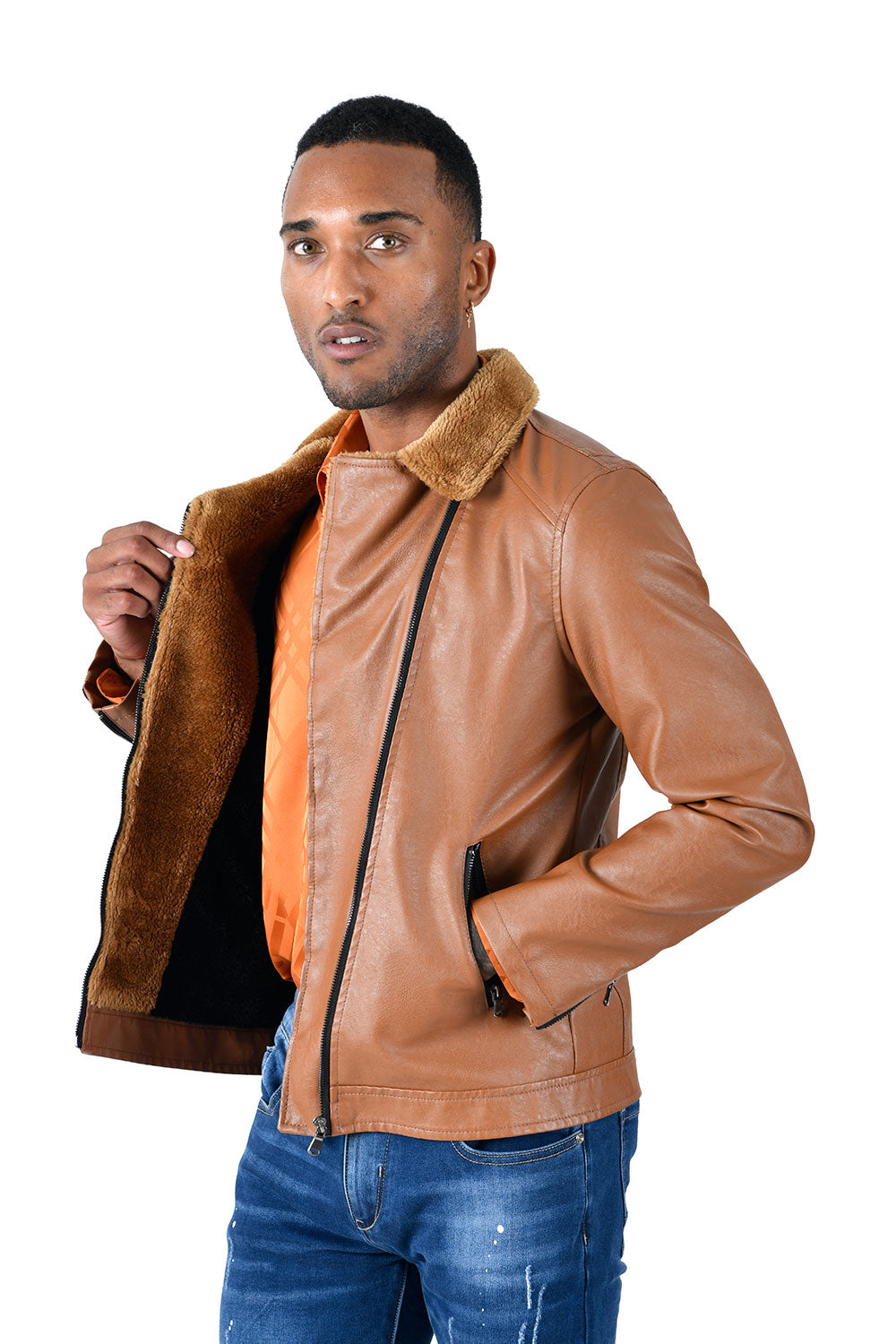 BARABAS Men's Faux Leather Fur Collar Bomber Jacket Bh68 Brown Camel