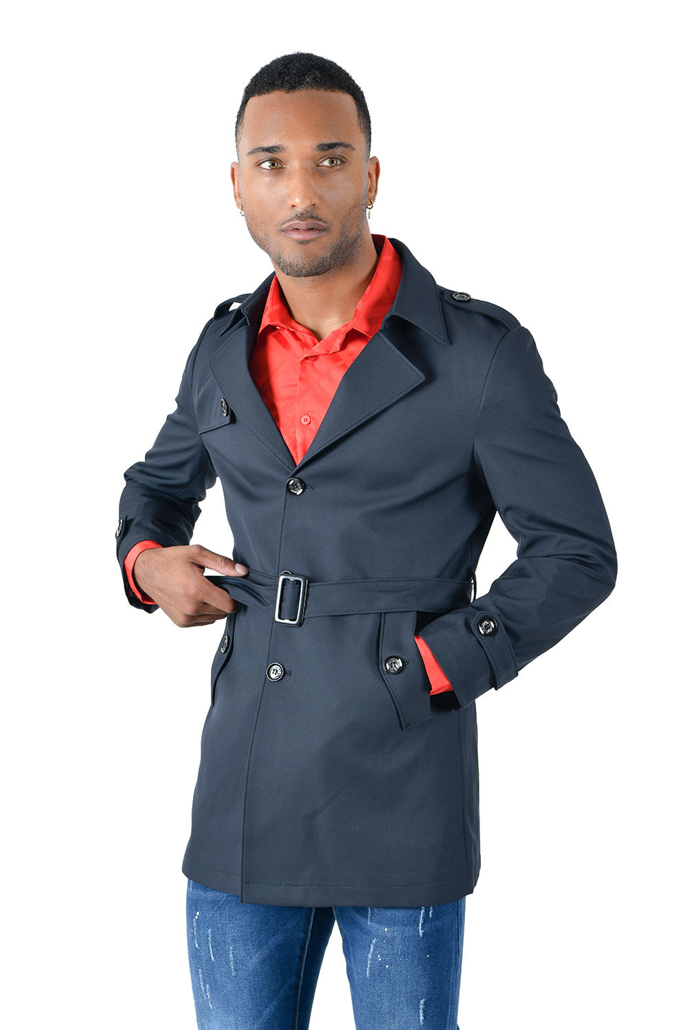 BARABAS Men's Belted Classic Rain Trench Coat BH71 Navy