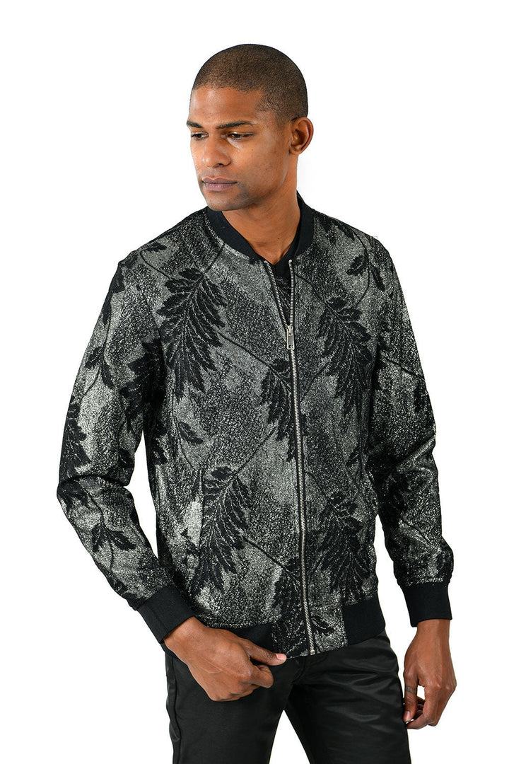 Barabas Men's Glittery Leaf Print Design Black Bomber Jacket BJ1894