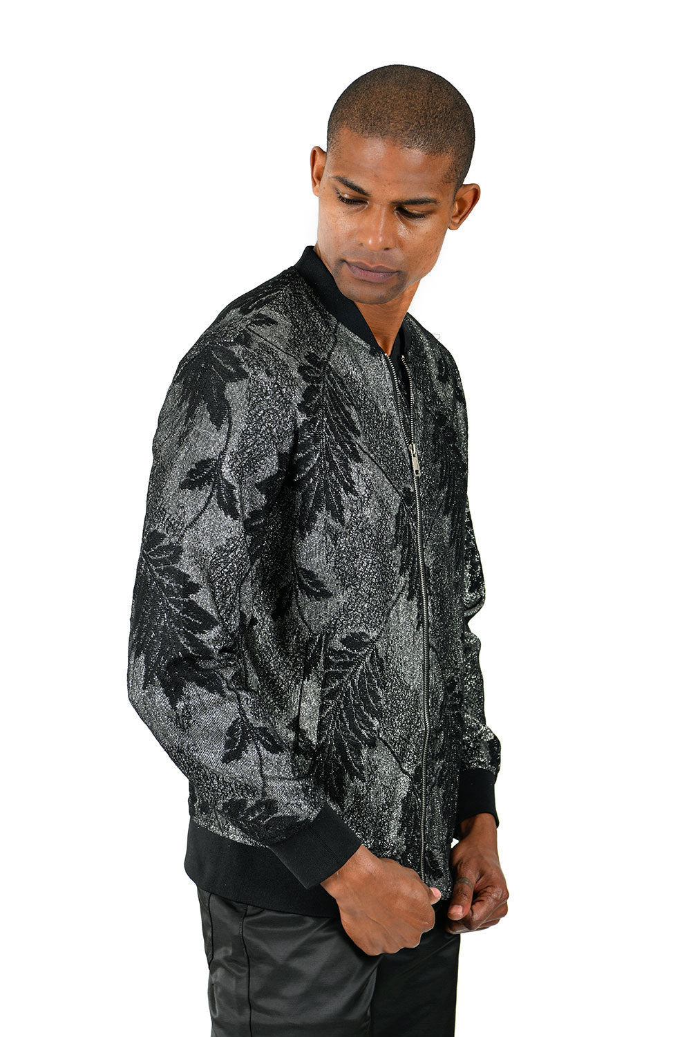 Barabas Men's Glittery Leaf Print Design Black Bomber Jacket BJ1894