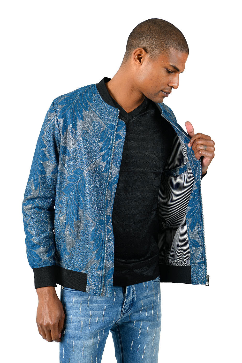 Barabas Men's Glittery Leaf Print Design Blue Bomber Jacket BJ1894