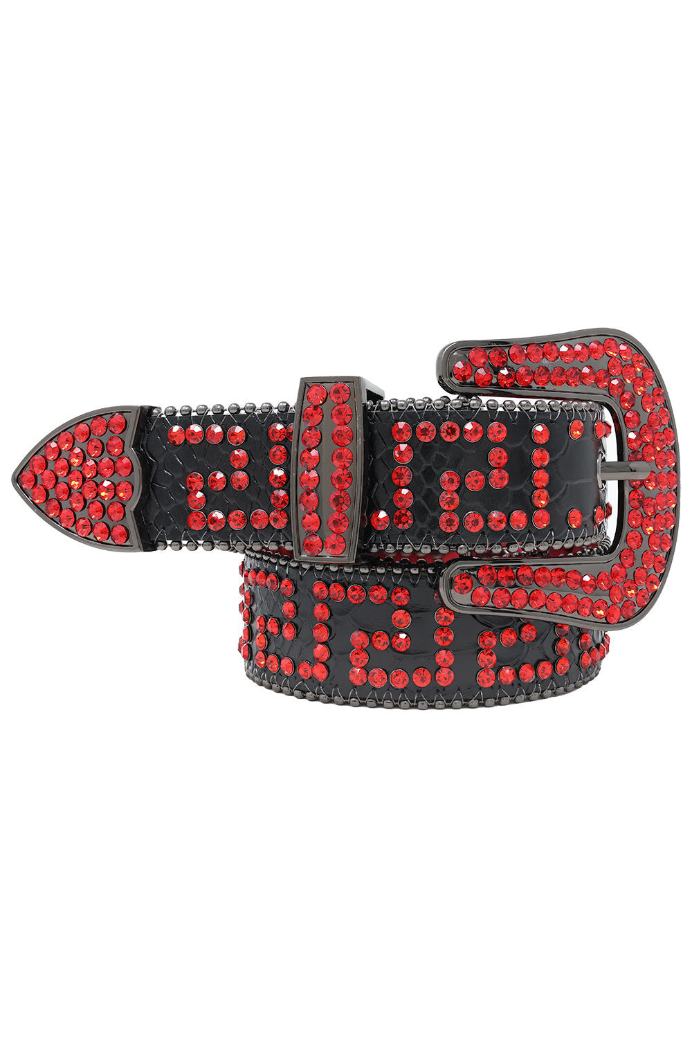 Barabas Men's Greek Key Pattern Rhinestone Leather Belt BK818 Black Red
