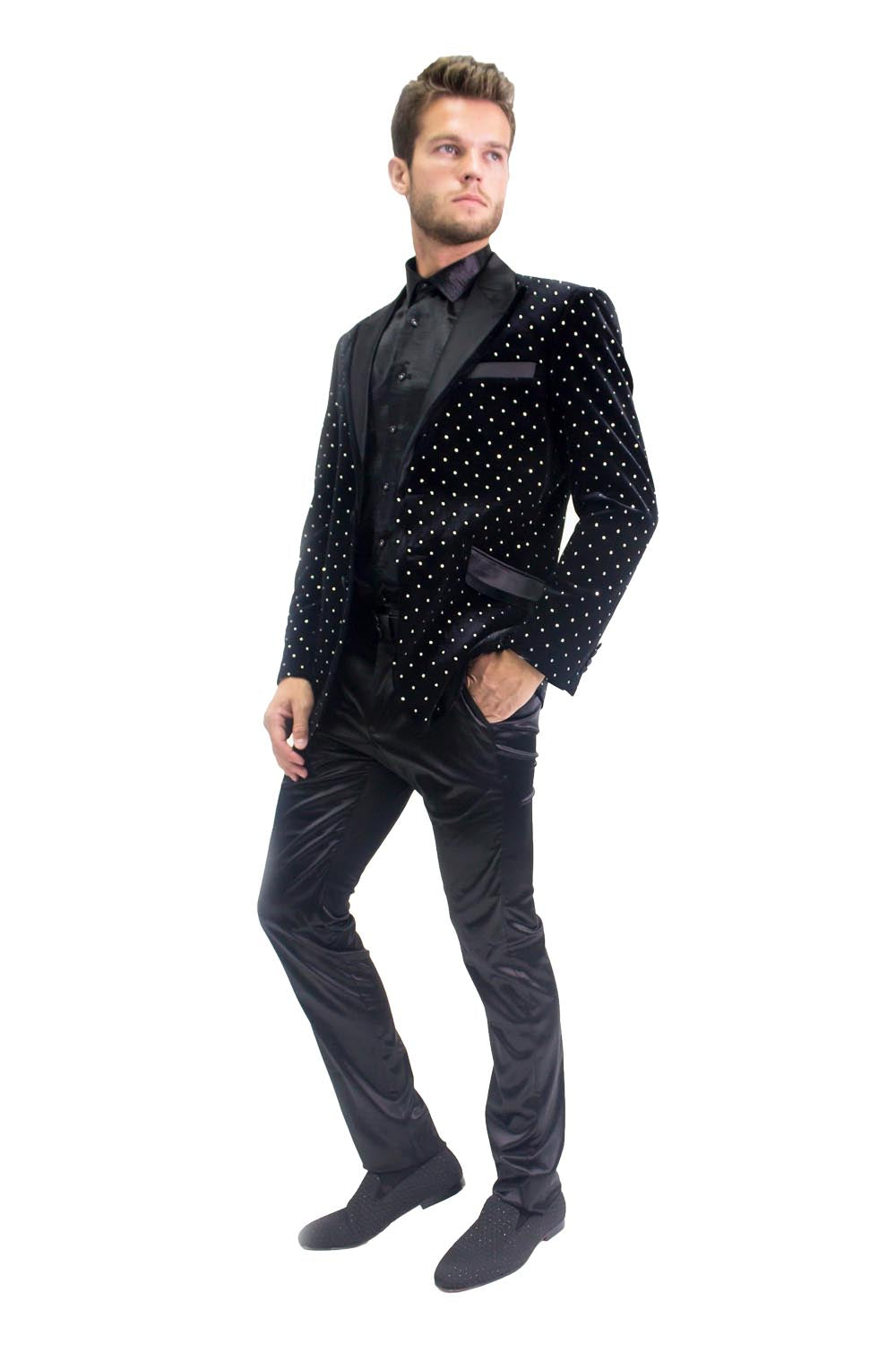 BARABAS Men's Rhinstone Notch Lapel Black Blazer BL3020 Black Gold