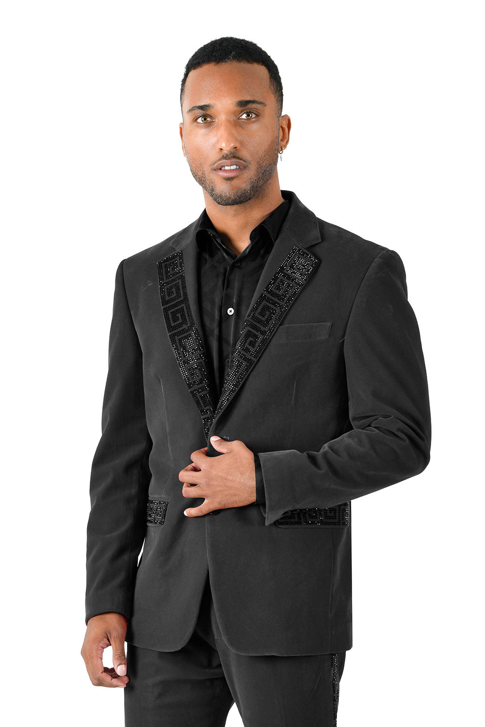 BARABAS Men's Rhinestone Greek key Pattern Velvet Blazer BL3067 Black Black