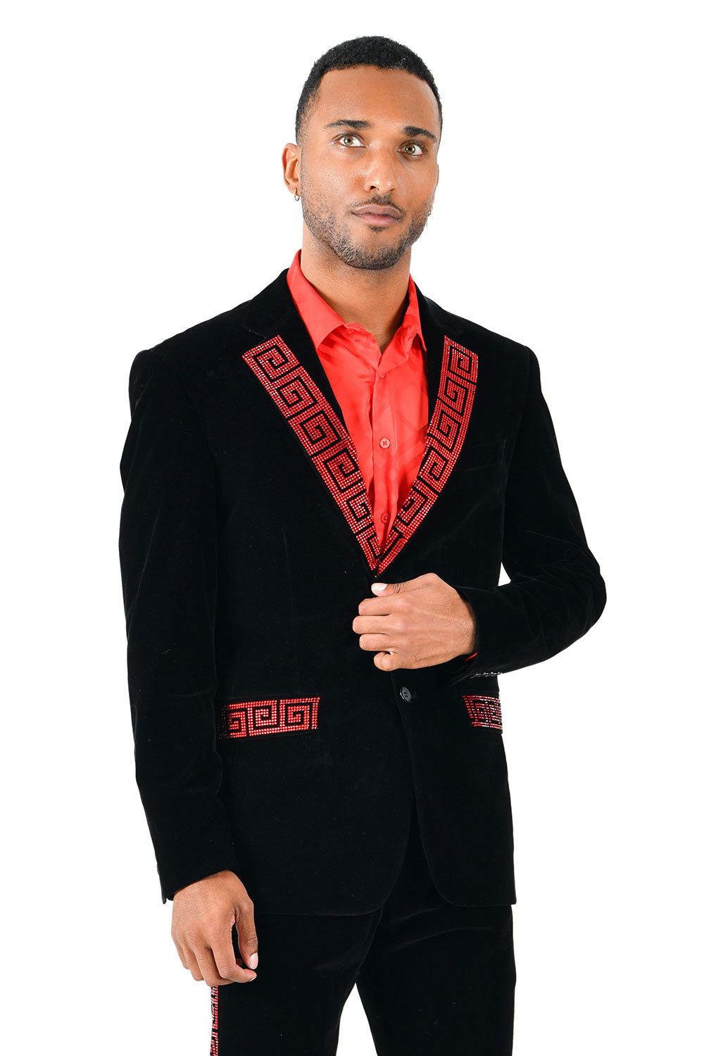 BARABAS Men's Rhinestone Greek key Pattern Velvet Blazer BL3067 Black Red