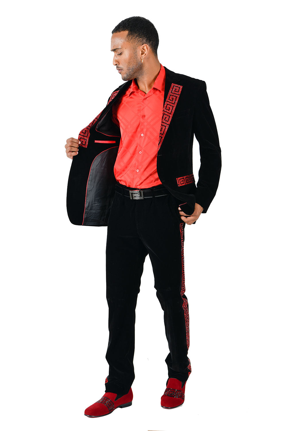 BARABAS Men's Rhinestone Greek key Pattern Velvet Blazer BL3067 Black Red