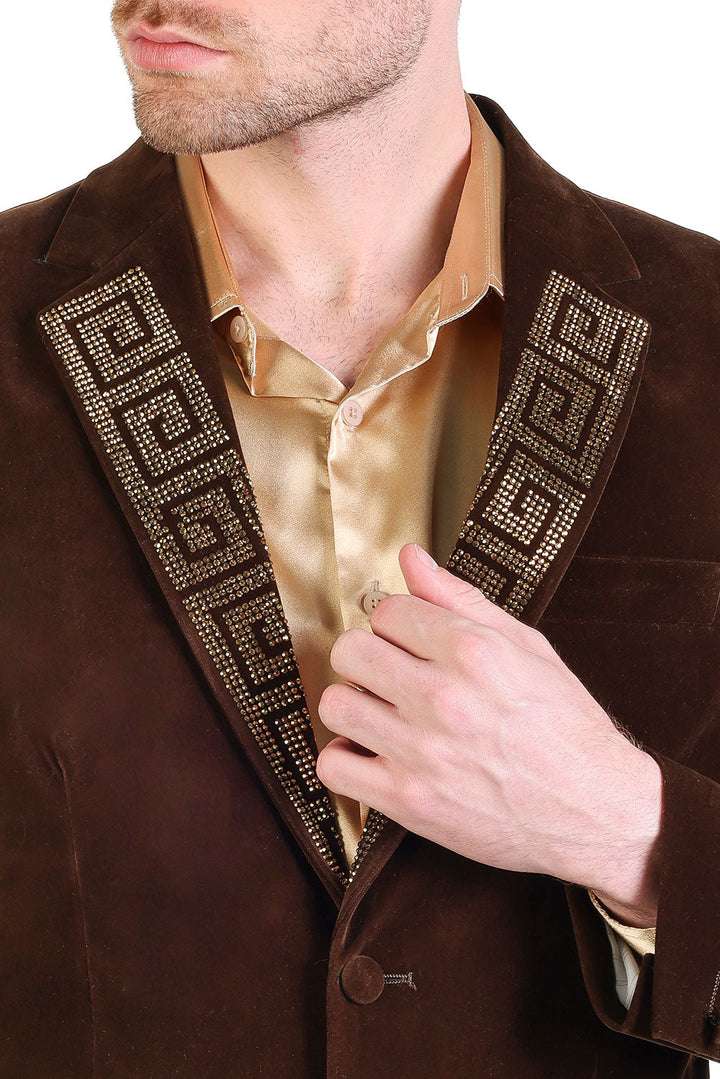 BARABAS Men's Rhinestone Greek key Pattern Velvet Blazer Prom BL3067 Chocolate Gold